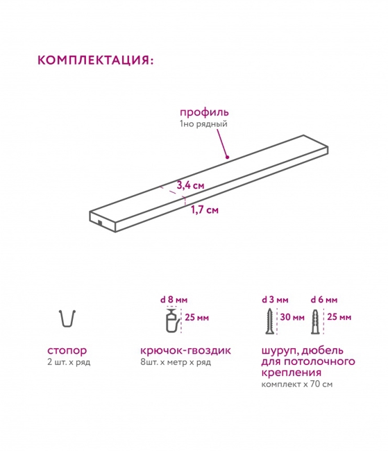 Карниз для штор LEGRAND СТАНДАРТ 1-х рядный 2,0м (цельный)